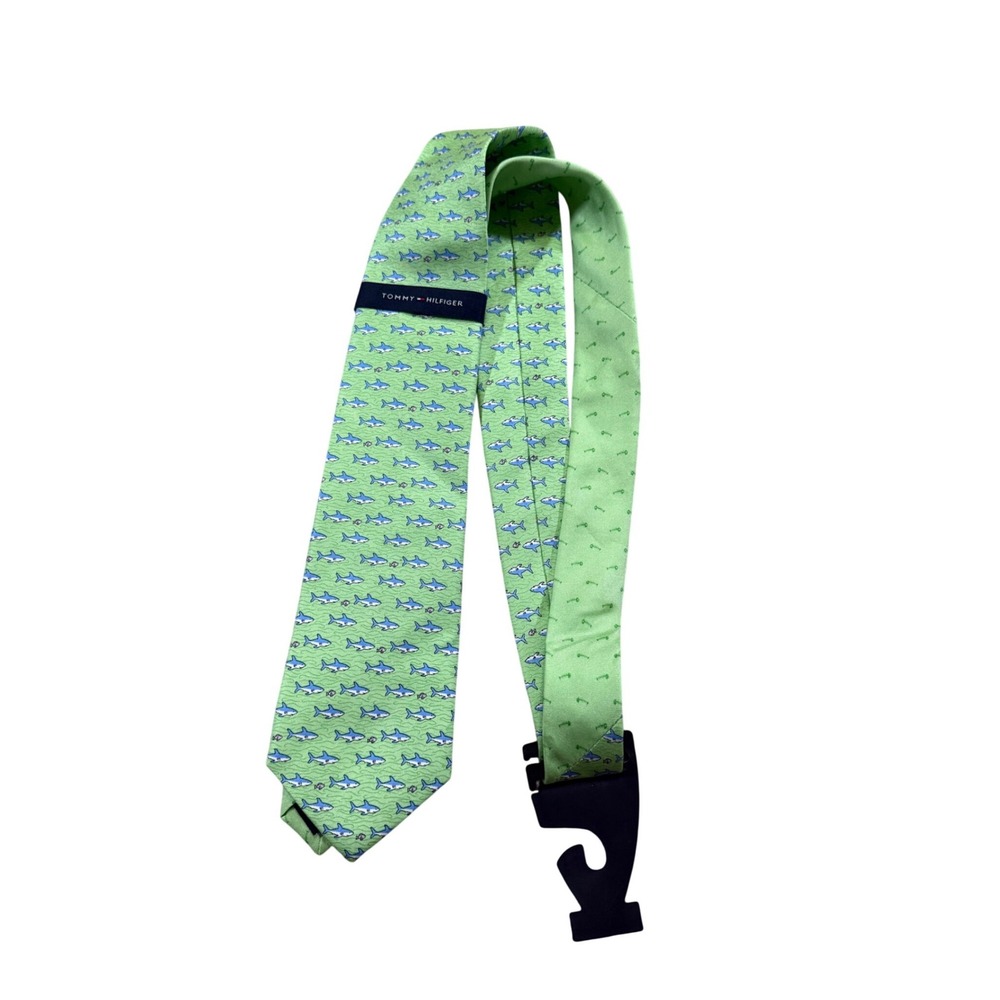 Tommy Hilfiger Necktie Green Shark Print Novelty Nautical Preppy Coastal NWT
